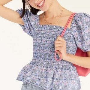 J. Crew Liberty Print Smocked Puff Sleeve Floral Top Blouse Size Medium